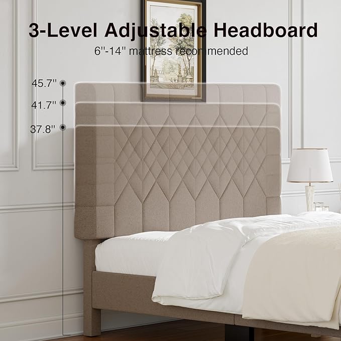 Novilla Full Size Bed Frame, Full Bed Frame with Wood Slats Support, Linen Upholstered Pull-Point Headboard, No Box Spring Needed, Heavy Duty Feet, Easy Assembly, Beige