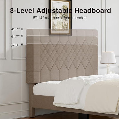 Novilla Queen Bed Frame with Headboard, Bed Frame Queen Size with Wood Slats Support, Linen Upholstered Pull-Point Headboard, No Box Spring Needed, Heavy Duty Feet, Easy Assembly, Beige