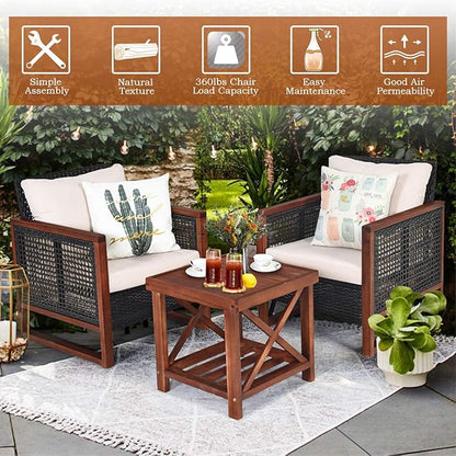 COSTWAY 3 Pieces Wicker Patio Furniture Set, Outdoor Wicker Sofa with Acacia Wood Frame, Coffee Table & Washable Cushions, Rattan Conversation Sets for Yard, Porch, Bistro, Balcony, Backyard, Beige