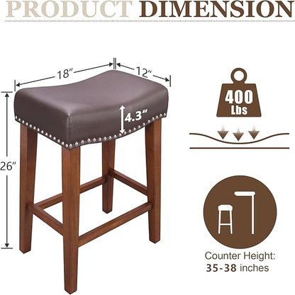 PrimeZone Counter Height Bar Stools Set of 6 - Backless Saddle Barstools with 4.3" Thick Upholstered, Nailhead Trim Faux Leather & Solid Wood Legs, 26 Inch Counter Stools for Kitchen Island, Brown