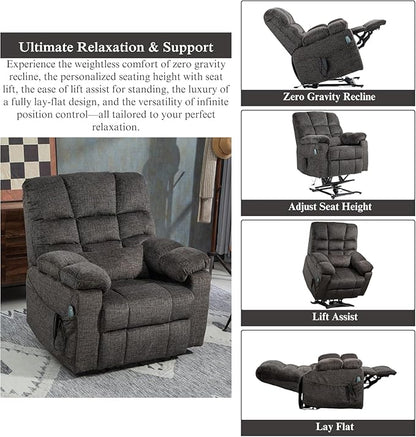 3-Motor Lift Chair with Adjustable Seat Height Zero Gravity Lay Flat Recliner with Heat Massage, Big Man Lift Recliners 400 lbs for Elderly Storage Cup Holders, Tall Man Recliners