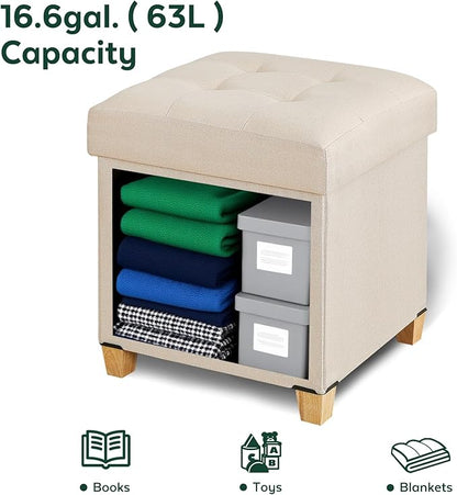 17.7" Ottoman with Storage, Square Storage Ottoman for Dorm, Linen Ottomans with Legs for Living Room, Bedroom, Beige