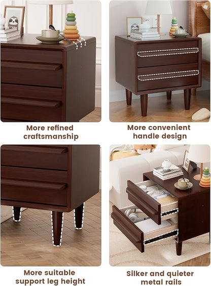 Solid Oak Wood Nightstand, Mid-Century Modern Bedside Table with 2 Drawers, Curved Profile End Table with Storage & Solid Wood Feet for Bedroom, Easy Assembly, Dark Walnut Color (15.7"Dx17.7"Wx21.6"H