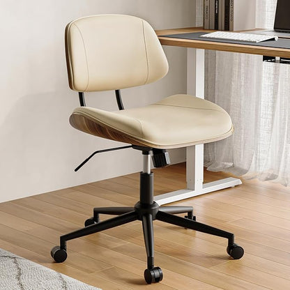 Armless Office Chair with Wheels, PU Leather Adjustable Height Desk Chair - 360° Swivel Ergonomic Computer Chair for Small Space, Modern Walnut Style, Home & Meeting Room, Beige