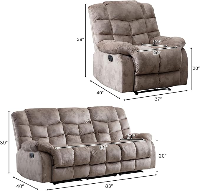 CANMOV Manual Reclining Sofa Set,2 Pieces Sofa Furniture Set for Living Room, Manual Recliner Sofa and Recliner Chair with Arms for Living Room, Bedroom, Light Brown (1+3)