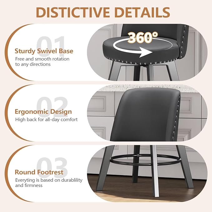 MINCETA Bar Stool, PU Leather Barstool, 26 Inch Upholstered Counter Stool with High Back and Footrest, Swivel Counter Height Barstool for Kitchen Island Home Bar Dark Gray