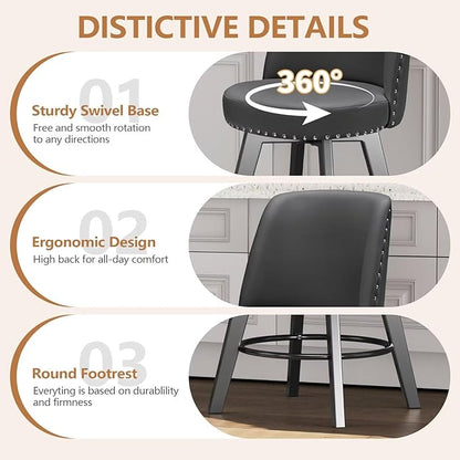 MINCETA Bar Stool, PU Leather Barstool, 26 Inch Upholstered Counter Stool with High Back and Footrest, Swivel Counter Height Barstool for Kitchen Island Home Bar Dark Gray