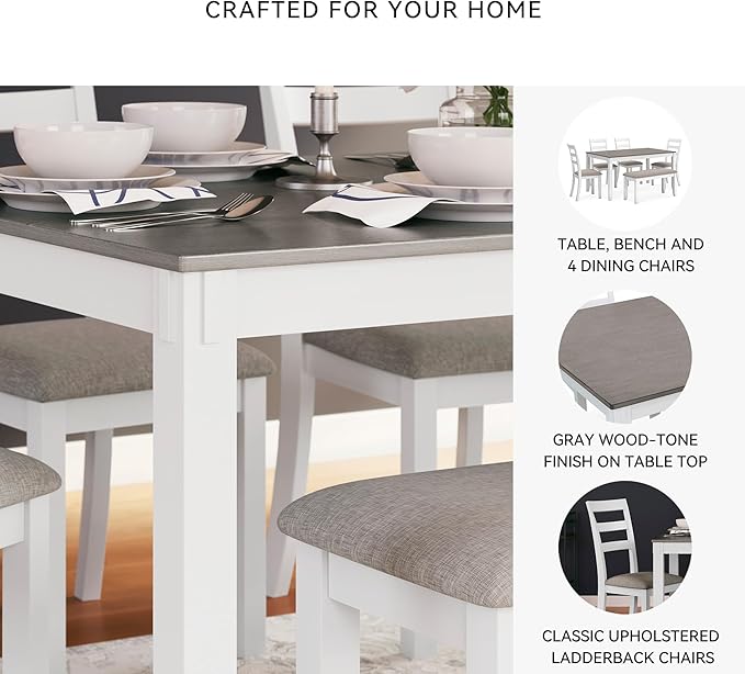 Signature Design by Ashley Stonehollow Casual Rectangular Dining Room Table Set with 4 Chairs and Bench, Set of 6, Foam Cushions, Wood, White and Gray