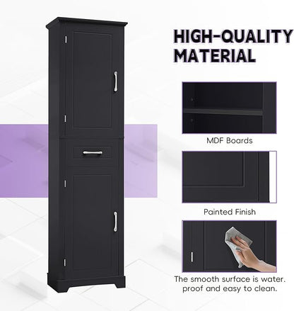 Bathroom Tall Storage Cabinet, Floor Freestanding Storage Cabinet with 2 Doors, One Drawer, Door Shelve Design, and Adjustable Shelf for Bathroom, Office, Multi-Use Organizer, Black