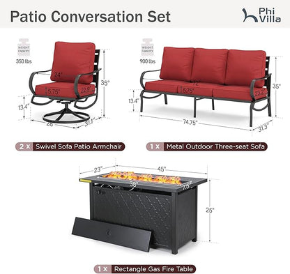 PHI VILLA 4 Piece Patio Furniture with Metal FirePit Table, 1 x 3-Seat Wide Deep Seating Bench & 2 x Swivel Sofa Chairs, 5.75" Thick Cushioned Outdoor Furniture Conversation Set for 5, Red