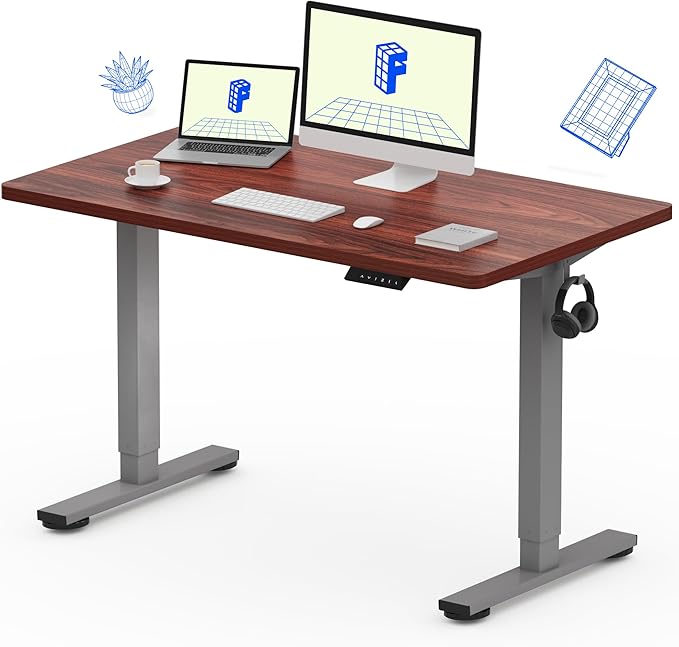 FLEXISPOT EN1 One-Piece Standing Desk, 48 x 24 Inches Electric Height Adjustable Desk for Home Office (Silver Frame + 48 in Mahogany Top, 2 Packages)