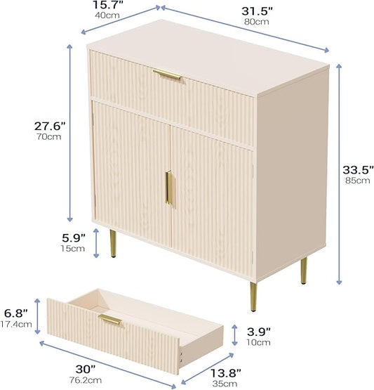 Coffee Bar Cabinet with 2 Doors & Drawer, Sideboard Buffet with Adjustable Shelves, Accent Liquor Storage Cabinet, Fluted Cabinet with Gold Hardware, Console Table for Living Dining Room, Oak
