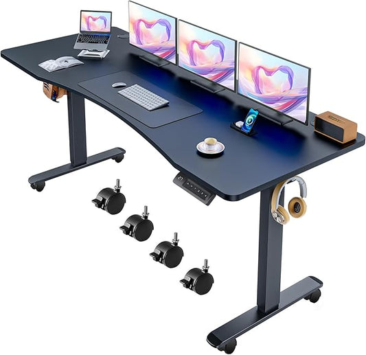 Electric Adjustable Standing Desk with Wheels, 63'' x 24''Sit Stand Desk with Dual Crossbeam Structure and Mouse Pad, 27''-46'' Lifting Range Table with Ergonomic Arc Desktop (Black Arc)