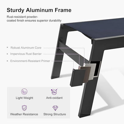 PURPLE LEAF Outdoor Lounge Chair Set of 3 Patio Chaise Pool Lounger Aluminum Frame with Side Table and Wheels for Outside Sunbathing Tanning Recliner Including Pillows Navy Blue