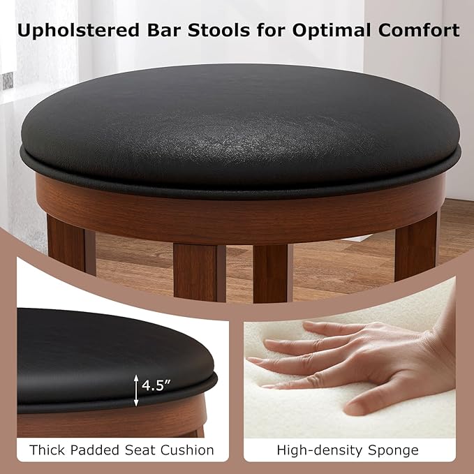 COSTWAY Upholstered Bar Stools Set of 2, 25” Counter Height Bar Chairs with Padded Cushion & Wooden Frame, Faux Leather Backless Stools for Kitchen, Dining Room, Pub, Black + Walnut
