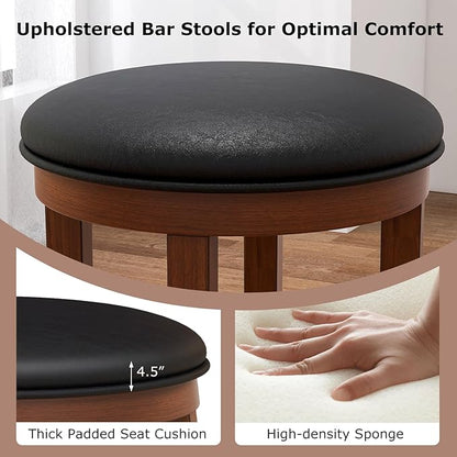 COSTWAY Upholstered Bar Stools Set of 2, 25” Counter Height Bar Chairs with Padded Cushion & Wooden Frame, Faux Leather Backless Stools for Kitchen, Dining Room, Pub, Black + Walnut