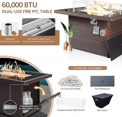 NICESOUL 6 Piece Patio Furniture Set with Firepit, 29.3'' High-Back Outdoor Sectional with Fireplace Natural Gas Propane Convertible, Comfy Deep Wide Seating Conversations for Outside, Brown