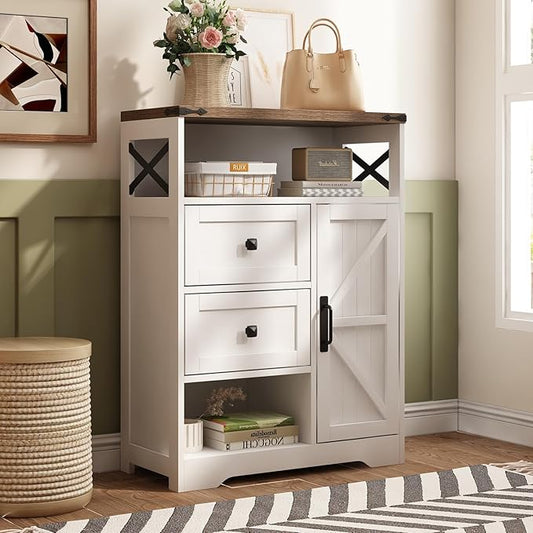 Fameill White Farmhouse Storage Cabinet with 2 Drawers & Shelves,Freestanding Kitchen Cabinet with Doors,Floor Storage Organization for Living Room,Bathroom,Laundry