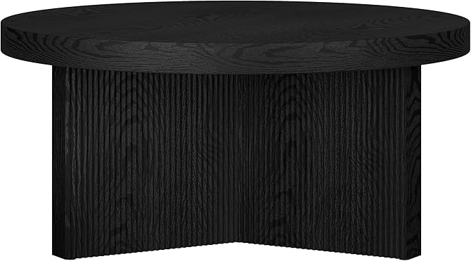 Henn&Hart 32" Fluted Round Low-Profile Coffee Table with Ribbed Pedestal Base for Living Room, Family Room, Office, or Apartment, Black Grain