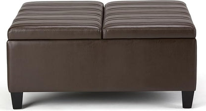 SIMPLIHOME Ellis 36 inch Wide Contemporary Square Coffee Table Storage Ottoman in Chocolate Brown Vegan Faux Leather, Assembled, For the Living Room and Bedroom