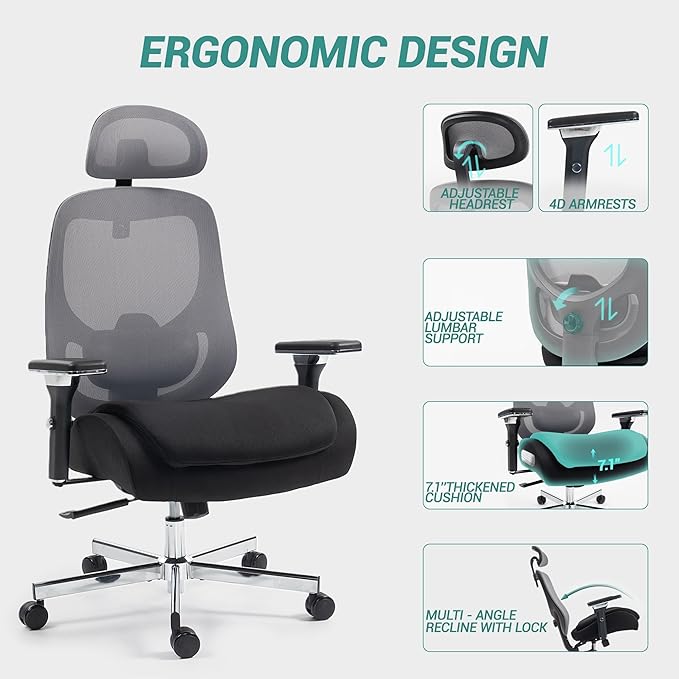 Big and Tall Executive Office Chair, Ergonomic Comfy Mesh Desk Chair with 4D Arms & Extra Wide Seat, Adjustable Headrest & Lumbar Support, 750LBS Capacity, Black&Grey