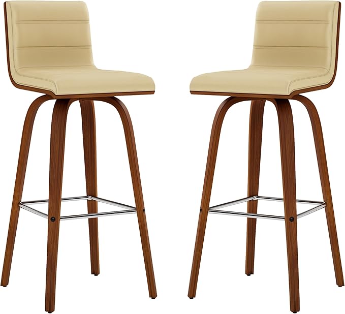 Armen Living Vienna 30" Swivel Bar Stool in Walnut Wood Finish with Cream Faux Leather - Set of 3
