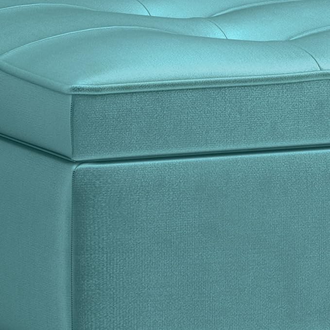 SIMPLIHOME Cosmopolitan 44 inch Wide Traditional Rectangle Storage Ottoman Bench with Open Bottom in Aqua Velvet Fabric, Assembled for the Living Room and Bedroom
