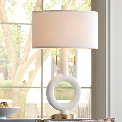 Possini Euro Design Athena 30 3/4" Tall Open Circle Large Mid Century Modern End Table Sculptural Lamp Pull Chain White Finish White Shade Living Room Bedroom Bedside Nightstand House Office Home