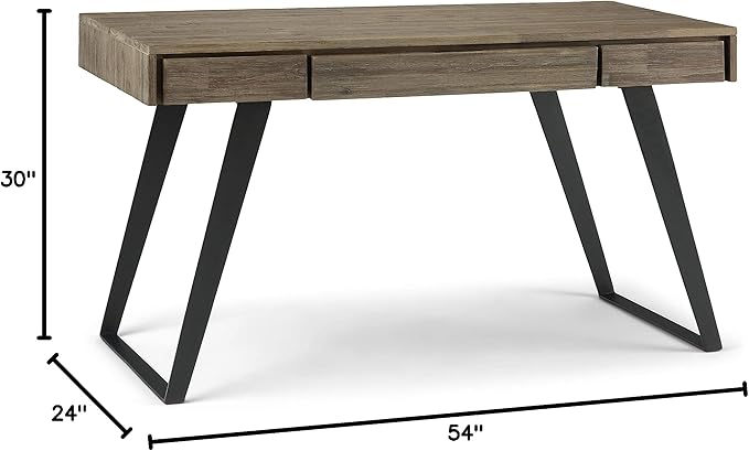 SIMPLIHOME Lowry Desk - 54-Inch Wide Solid Acacia Wood and Metal Writing Desk in Distressed Grey, Modern Industrial Home Office Computer Table with 2 Drawers and Flip-Down Keyboard Tray
