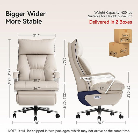 M80A Dual Motor Electric Executive Office Chair with Footrest, Comfortable Reclining Office Chair Wide Seat, Big and Tall Ergonomic Leather Home Office Desk Chair (Beige,Multi-Functionality)