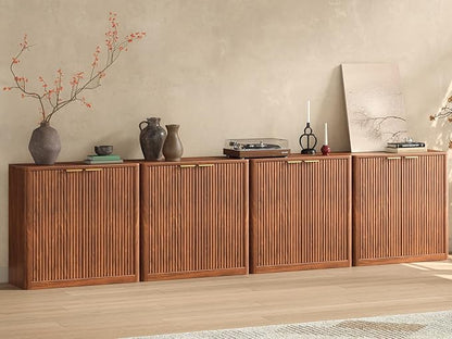 Evermagin 126" Walnut Buffet Cabinet with Storage, Large Sideboard Cabinet, Mid Century Modern Accent Credenza, Fluted Console Table with Doors for Dining Room, Kitchen, and Living Room