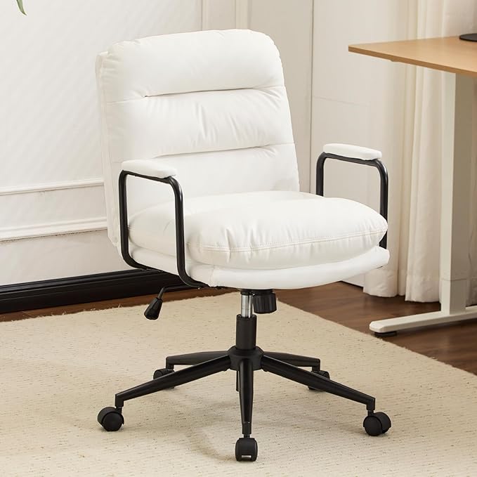 Furniliving Leather Home Desk Chair, Comfortable Executive Office Chair with Wheels, Ergonomic Computer Task Chair Adjustable Height, White