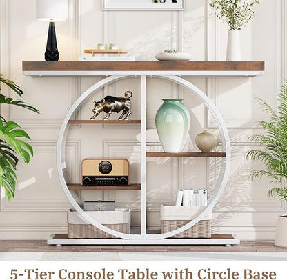 41.3" Console Table for Entryway, Industrial Hallway Sofa Table with Storage Shelves, Narrow Accent Decor Living Room Furniture with Circle Base for Foyer, Entrance, Brown White