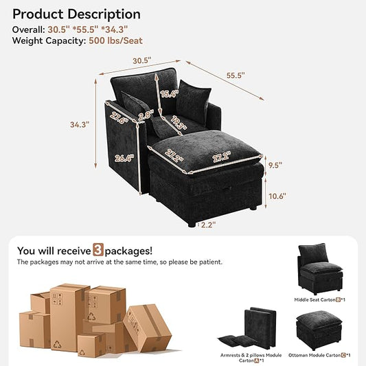 30" Cloud Modular Single Sofa Chair with Storage Ottoman, Modern Upholstered Accent Chair with Storage, Chenille Reading Lounge Armchair for Living Room, Bedroom, Small Space, Black