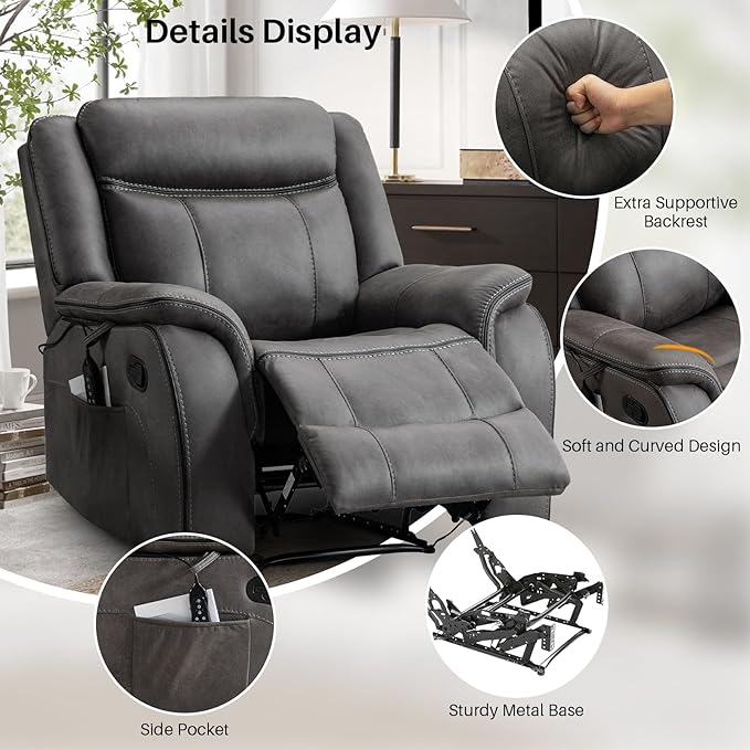 Massage Recliner Chair with Heated, Faux Leather Recliner Chairs for Adults, 39" Wide Manual Reclining Ergonomic Lounge Chair for Living Room with Overstuffed Backrest, Side Pocket, Grey