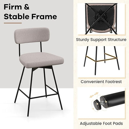 COSTWAY Bar Stools Set of 2, 25” Upholstered Counter Height Bar Stools with Back, 360° Swivel Dining Chairs with Heavy-Duty Metal Legs and Footrests, for Kitchen Island, Dining Room, Bar (2, Beige)