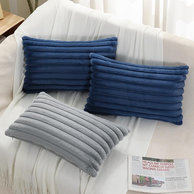 Pallene Faux Fur Plush Lumbar Throw Pillow Covers 12x20 Set of 2, Luxury Soft Fluffy Striped Decorative Pillow Covers for Sofa, Couch, Living Room, Navy Blue