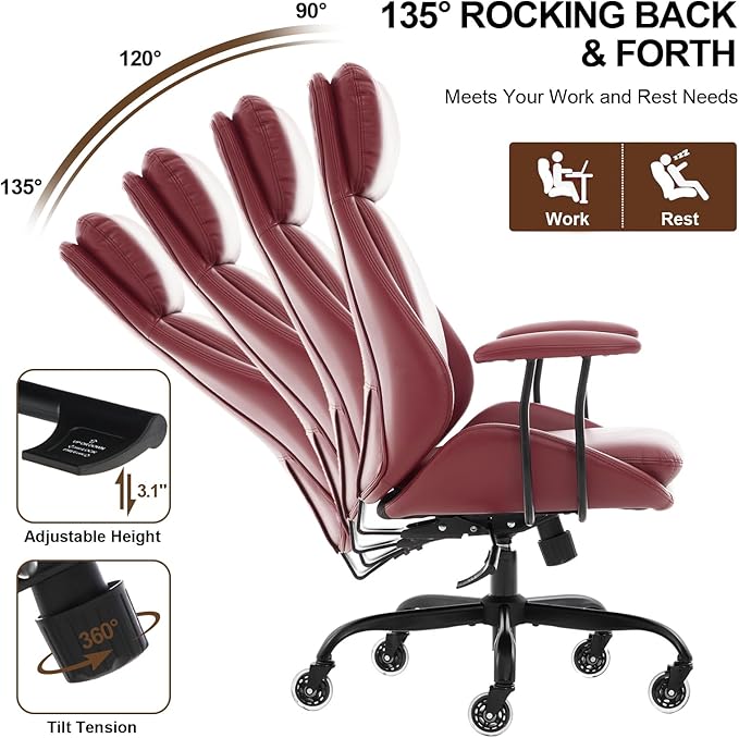 Home Office Desk Chair, PU Casters Ergonomic Computer Chair with Lumbar Support, Adjustable Height, 360°Rolling Swivel Chair, High Back Executive Task, Padded Armrests Chair, Red Leather