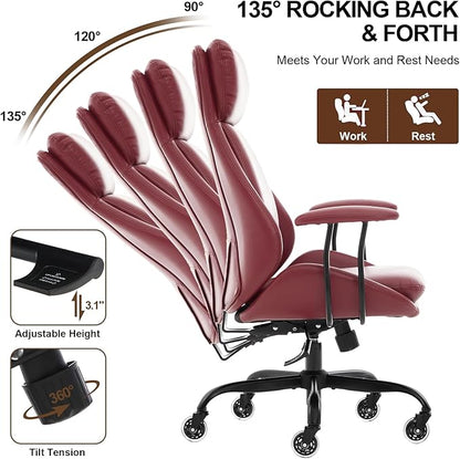 Home Office Desk Chair, PU Casters Ergonomic Computer Chair with Lumbar Support, Adjustable Height, 360°Rolling Swivel Chair, High Back Executive Task, Padded Armrests Chair, Red Leather