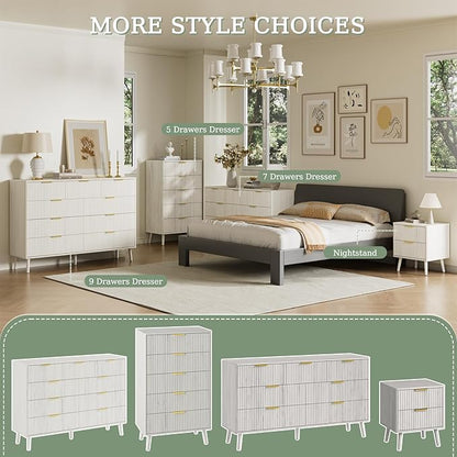 LYNSOM Fluted 9 Drawer Dresser for Bedroom, 55" Wide Modern Chest of Drawers with Curved Profile Design and Metal Handles, Wood Dresser TV Stand & Storage Organizer for Bedroom, Hallway, White