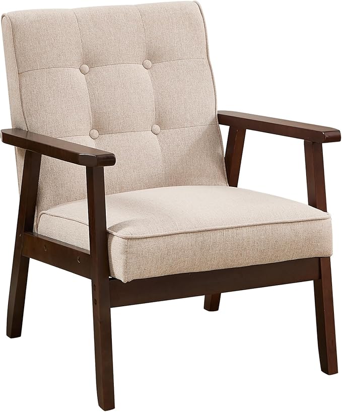 ANJ Mid Century Modern Accent Chair, Armchair for Living Room & Bedroom, Tufted Fabric Upholstered Side Chair with Solid Wood Legs, Comfortable Single Seater Reading Chair, Beige