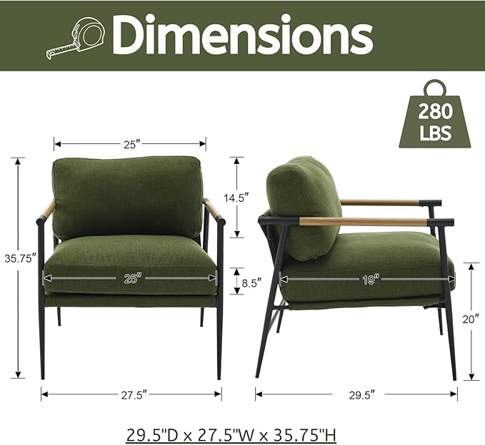 LukeAlon Mid-Century Linen Accent Chairs Set of 2, Soft Living Room Chairs with Metal Legs Modern Armchairs Lounge Chairs Upholstered Comfy Leisure Chairs for Bedroom Reading Room Waiting Room, Green