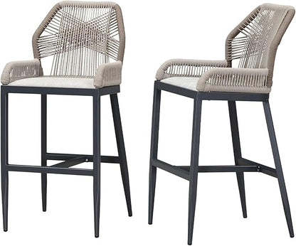 PURPLE LEAF 2 Pieces Bar Stools Patio Modern Rattan Barstools Aluminum Woven Tall Bar Chairs with Cushions for Outdoor Kitchen Island Garden
