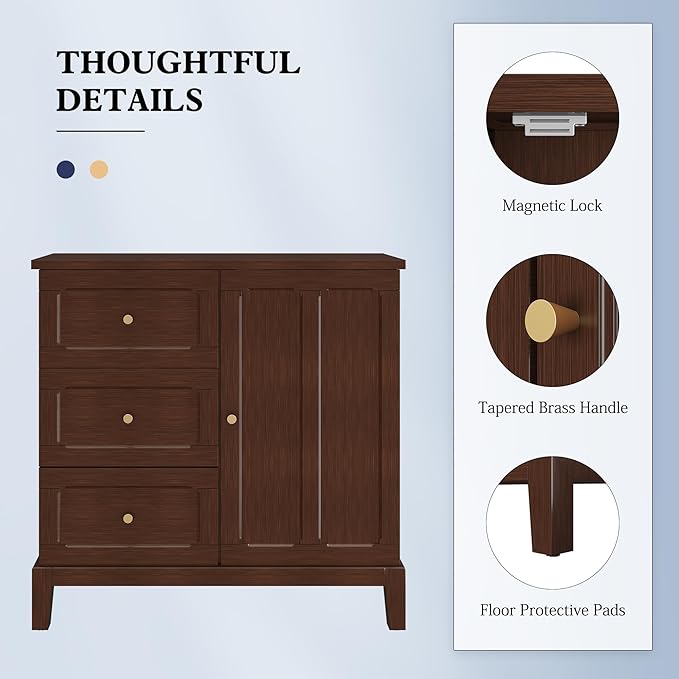 HLR Accent Cabinet with 3 Drawers and Door, Wooden Storage Cabinet with Shelves, Sideboard for Living Room, Entryway, Brown