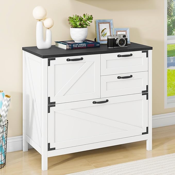Lateral File Cabinet with 4 Drawers Farmhouse File Cabinet for Letter/Legal/A4 Size Hanging Files, Large Wood File Storage Cabinets Printer Stand for Home Office Cabinet, White and Black