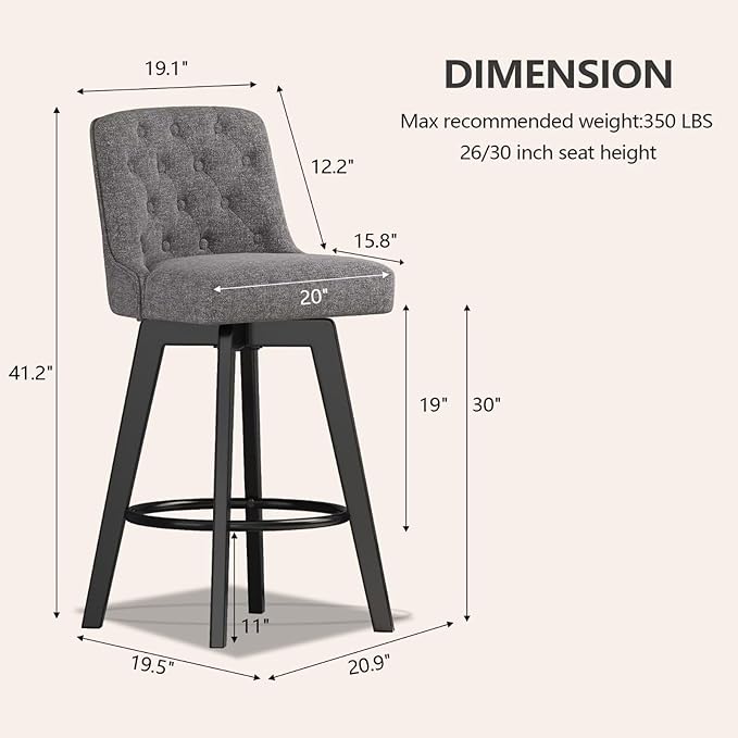 MINCETA Bar Stool, 30 Inch Upholstered Barstool with Low Tufted Back and Footrest, Swivel Counter Height Barstool for Kitchen Island Home Bar Performance Fabric Gray