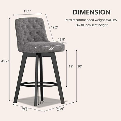 MINCETA Bar Stool, 30 Inch Upholstered Barstool with Low Tufted Back and Footrest, Swivel Counter Height Barstool for Kitchen Island Home Bar Performance Fabric Gray