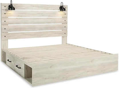 Signature Design by Ashley Cambeck Farmhouse King Panel Platform Bed with 4 Storage Drawers, Cubbies, Sconce Lights and USB Ports, Foundation or Box Spring Not Needed, Whitewash