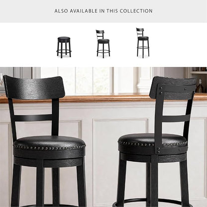 Signature Design by Ashley Valebeck Tall Upholstered Swivel Bar Stool with 360-Degree Swivel and Nailhead Trim, Faux Leather, 30" Seat Height, Black Finish