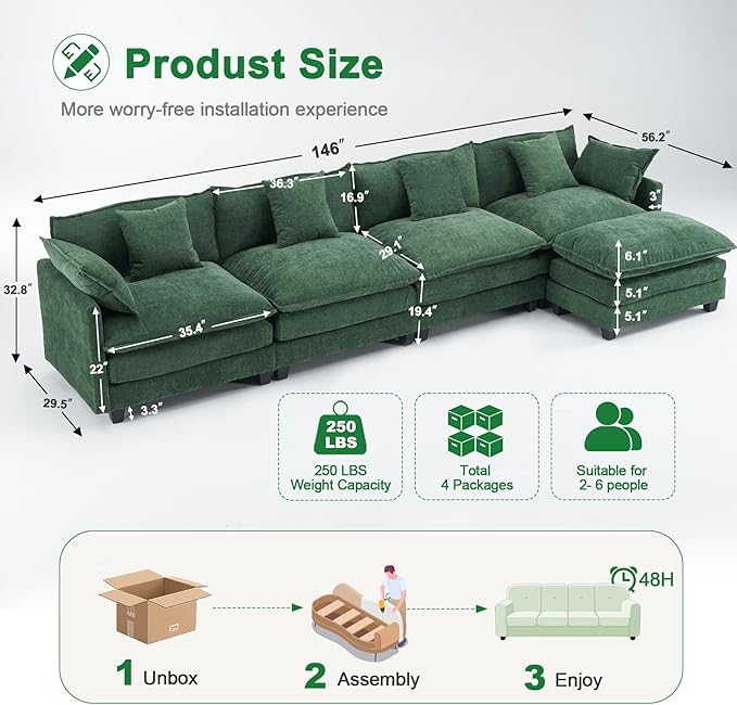 U-Shaped Cloud Chenille Sectional with 2 Ottomans, 146" Modular Sofa for Large Spaces, Ultimate Comfort with Deep Seats & Pillows, Solid Frame, 1YR Warranty